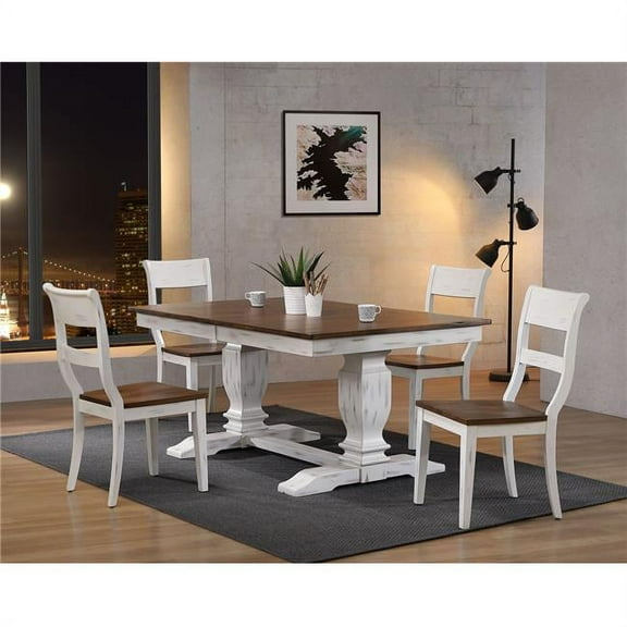 Iconic Furniture RT82-TR-CH61DBNDWT5 42 x 64 x 82 in. Double Pedestal Transitional Dining Set with Distressed Cocoa Brown & Cotton White Finish - 5 Piece