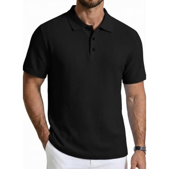 COOFANDY Mens Knit Polo Shirts Short Sleeve Casual Textured Polo Shirt Summer Vintage Collared Golf T-Shir