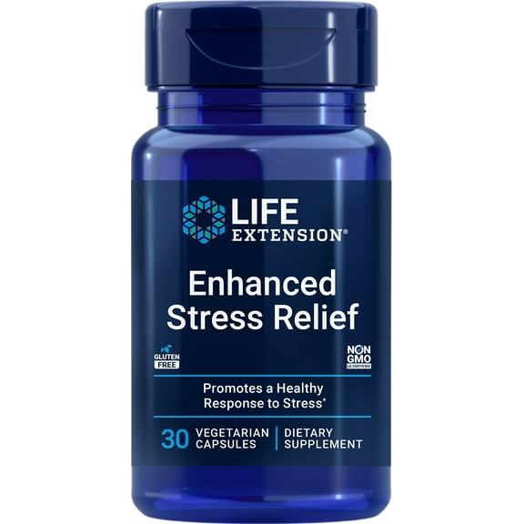 Life Extension Enhanced Stress Relief, lemon balm extract, L-theanine, decompress with this supplement for stress, gluten-free, non-GMO, vegetarian, 30 capsules