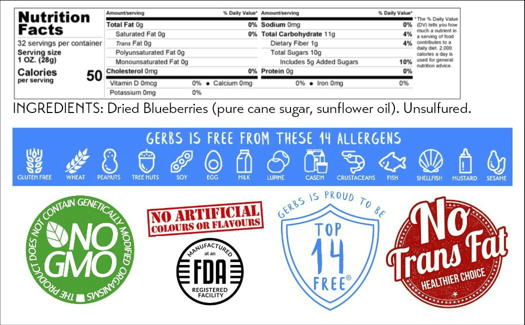 Dried Blueberries by Gerbs - 2 LBS - Sweetened - Unsulfured - Top 14 Food Allergen Free & NON GMO