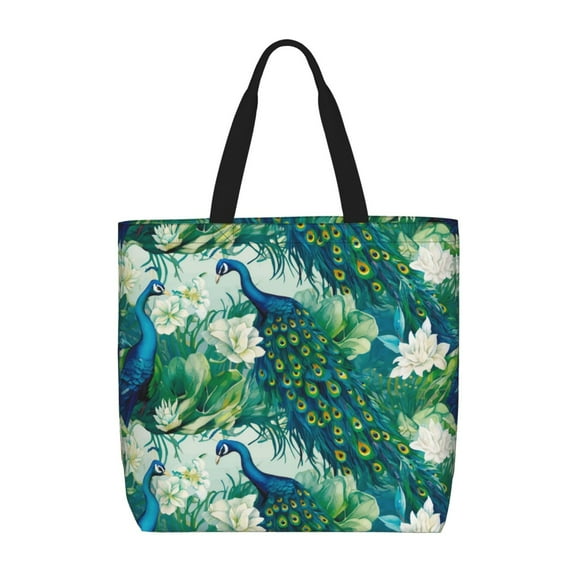 KLL Peacock And Flowers Pattern Aesthetic Tote Bag for Women Beach Bag Shopping Bags Shoulder Bag Reusable Grocery Bags