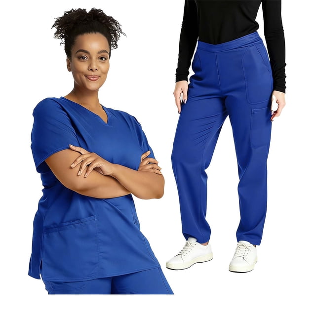 SBYOJLPB Medical Nurse Uniform Scrubs Set for Women Stretch V-Neck Tops Straight Long Pants Solid Color with Pockets