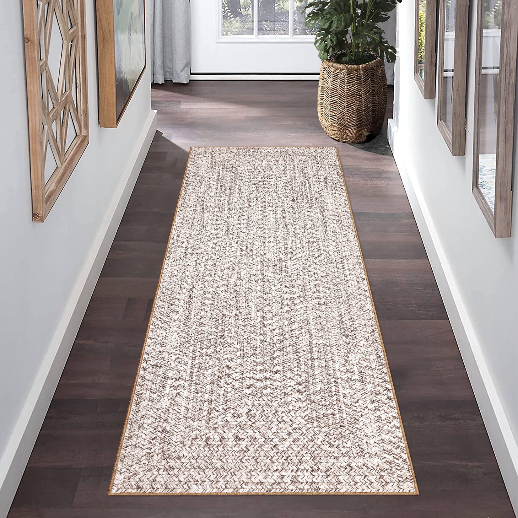 Hasoo 2' x 8' Modern Runner Rug for Hallway Bedroom Braided Pattern Soft Polyester Indoor Carpet, Beige