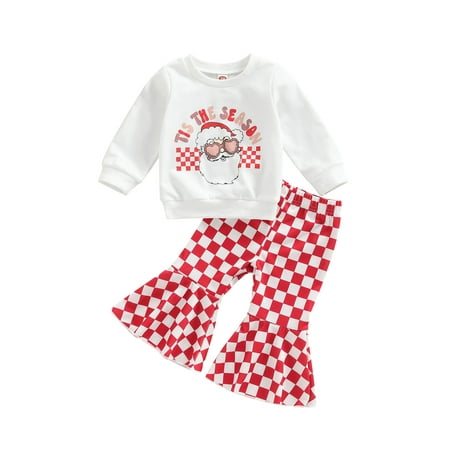

Christmas Baby Girls Clothes Outfits Toddler Santa Print Long Sleeve T-shirt Tops and Casual Plaid Flare Pants Set