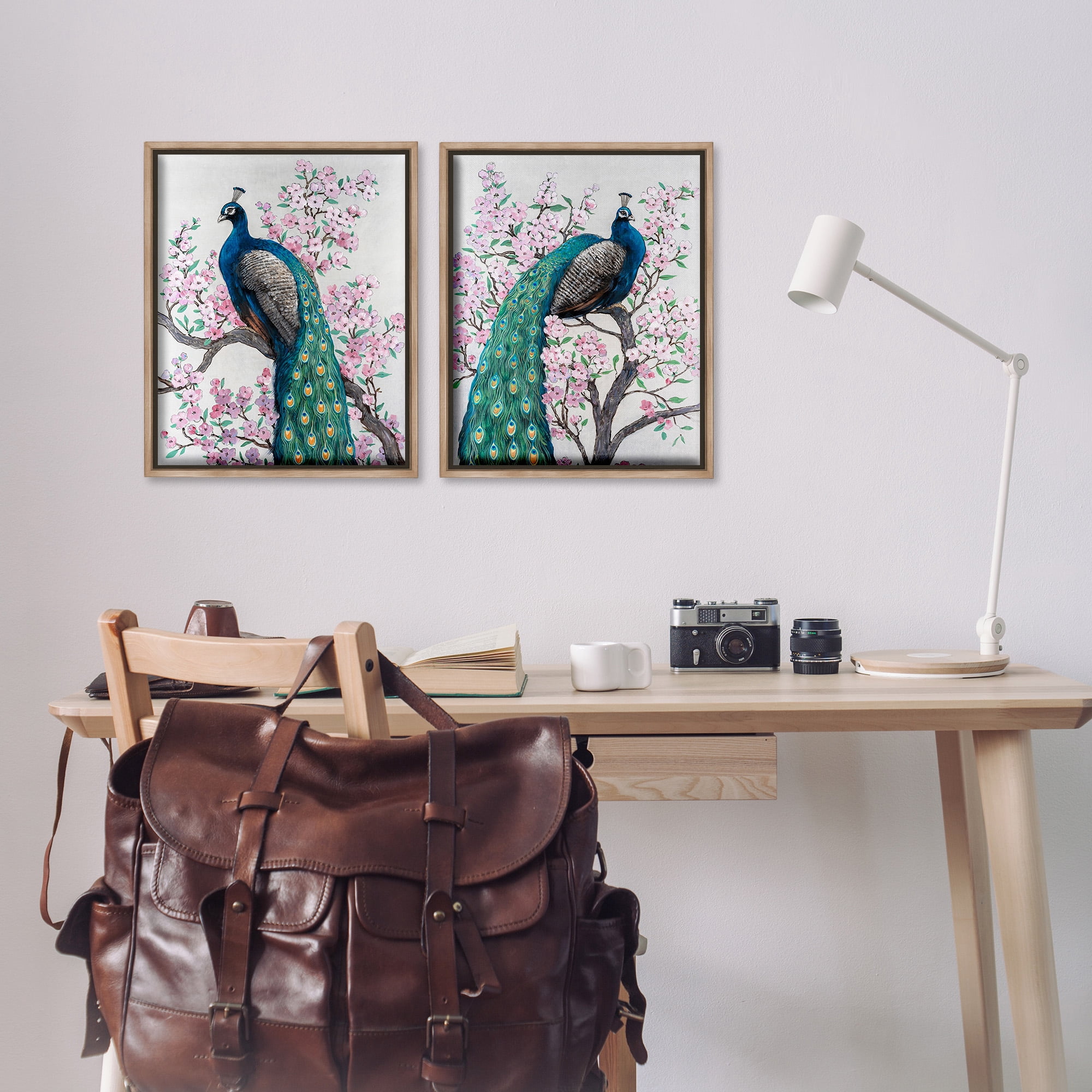 Stupell Industries Floral Peacocks Perched Animals & Insects Painting Brown Floater Framed Canvas Art Print Wall Art, 17 x 21, Set of 2