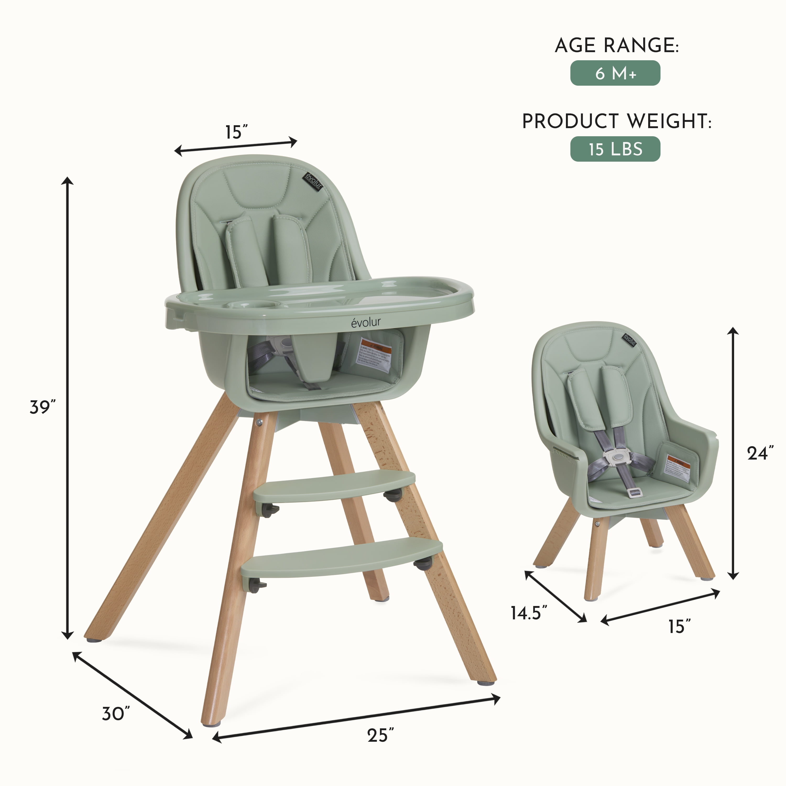 Evolur Zoodle 2-in-1 High Chair Booster Feeding Chair with Modern Design, Sage Green