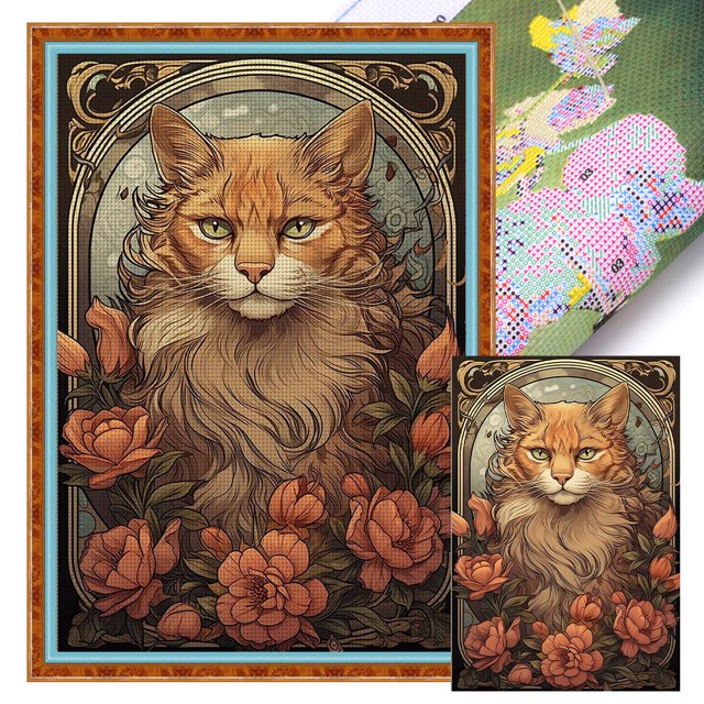 Hilo Algodón Bordado Punto Cruz Con Gato Dorado Y Rosa 11CT 40x60cm