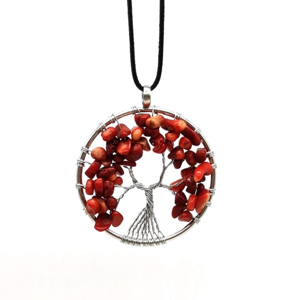 Zhuge Collar con colgante de árbol de la vida para hombres y mujeres, accesorios de collar hechos a mano con piedra natural y cristal (rojo, cuerda de cuero)