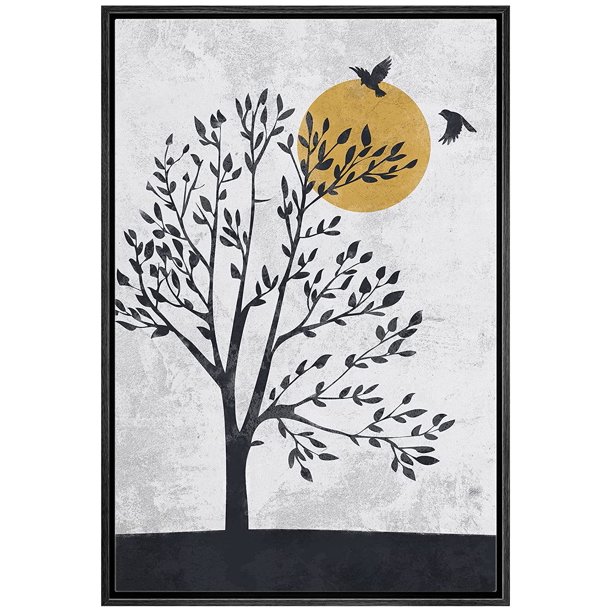 wall26 Framed Canvas Print Wall Art Forest Tree Silhouette Gold Sun