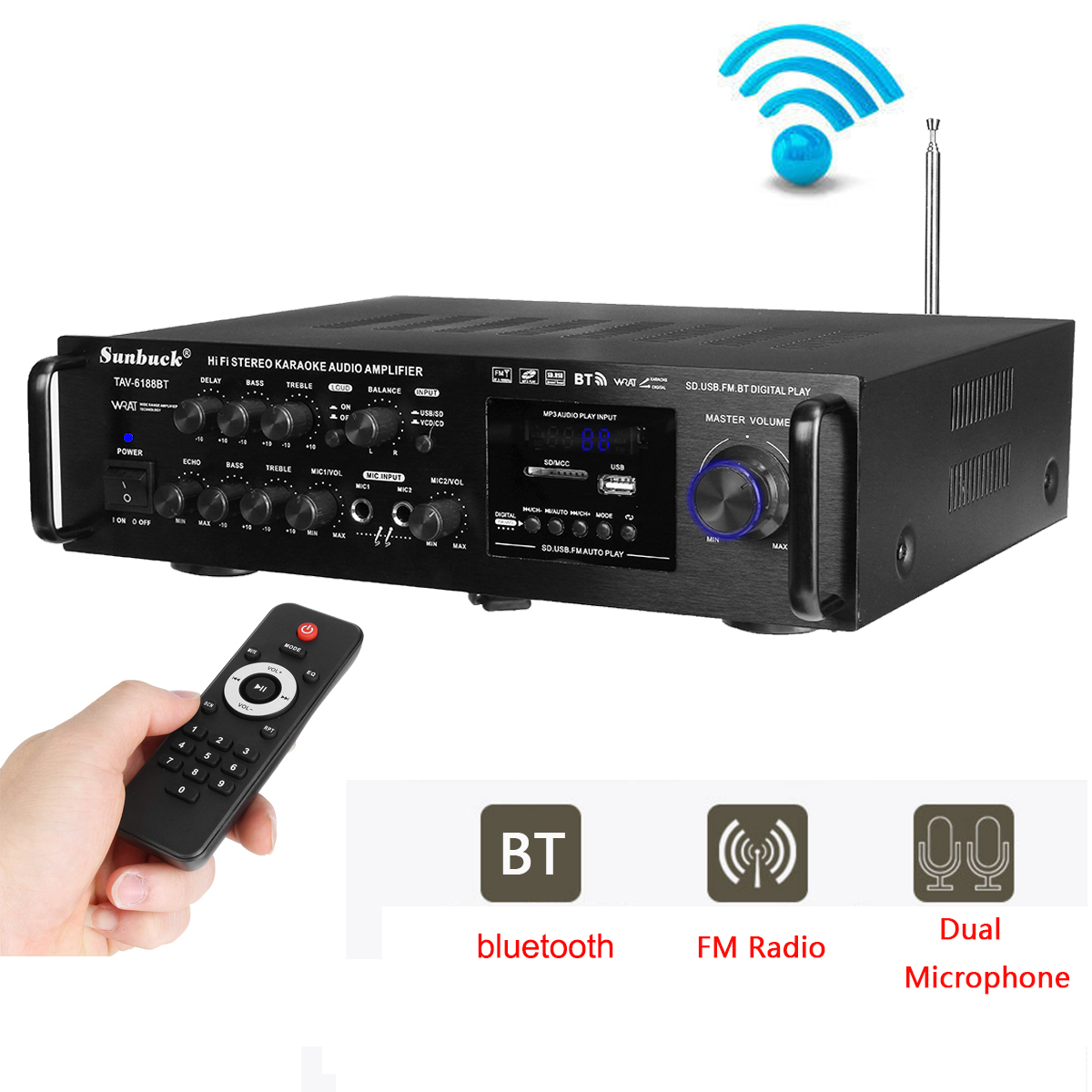 2000W Sunbuck Audio Powered Amplifier & bluetooth Receiver Stereo System, FM Radio, Microphone Inputs, MP3/USB/SD/AUX , 5CH For Home