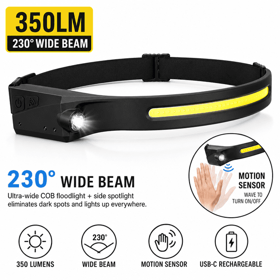 Rechargeable LED Headlamp, 230° Wide Beam COB Head Light with Motion Sensor, 350LM Waterproof Headband Flashlight for Running Camping