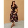 thumbnail image 3 of Elegant V-Neck Cinched Waist Floral Midi Dress for Women - Rayon Summer Vacation Dress, 3 of 7