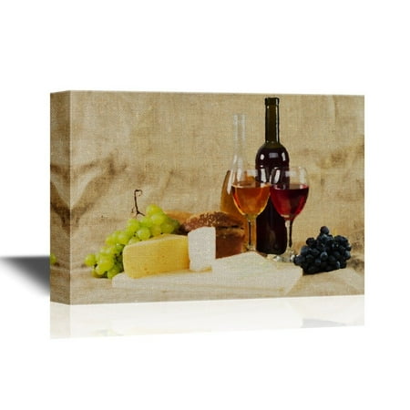 Vintage Wine Wall Decor wall26 Canvas Wall Art - Still Life with Wine and Grapes on Vintage Background - Gallery Wrap Modern Home Decor | Ready to Hang - 24x36 inches ()