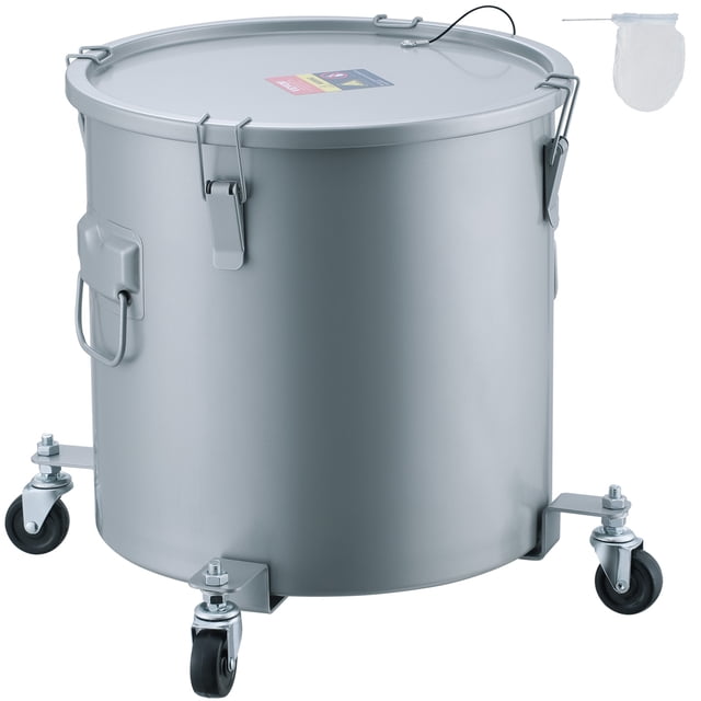 VEVOR Fryer Grease Bucket, 10 Gal Oil Disposal Caddy with Caster Base, Carbon Steel Rust-Proof Coating, Oil Transport Container with Lid, Lock Clips, Filter Bag for Hot Cooking Oil Filtering, Gray