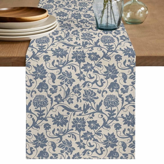 Light Blue Floral Table Runner 72 Inches, Rustic Vintage Flowers Botanical Spring Bed Runner Dresser Scarves Tabletop for Indoor Outdoor Parties/Ceremony/Banquet, 16" x 72"