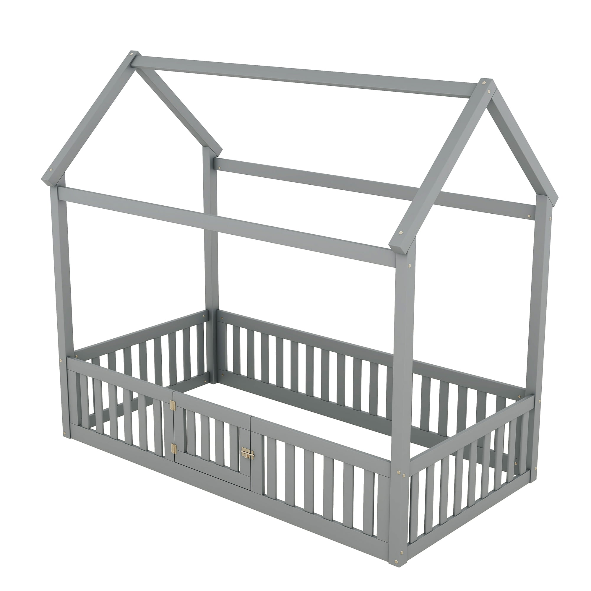Euroco Twin Size Low House Bed with Fence and Door, Gray