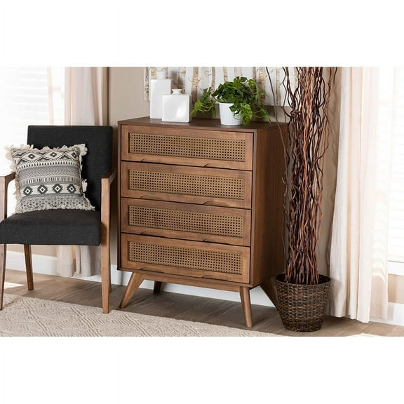 Baxton Studio Barrett Mid-Century Modern Walnut Brown Finished Wood and Synthetic Rattan 4-Drawer Chest