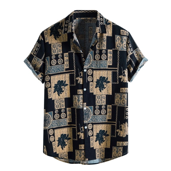 Mens Pique Shirts Fashion Button Down Printed Short Sleeve Lapel Plus Size Mens Clothing,Navy,2XL