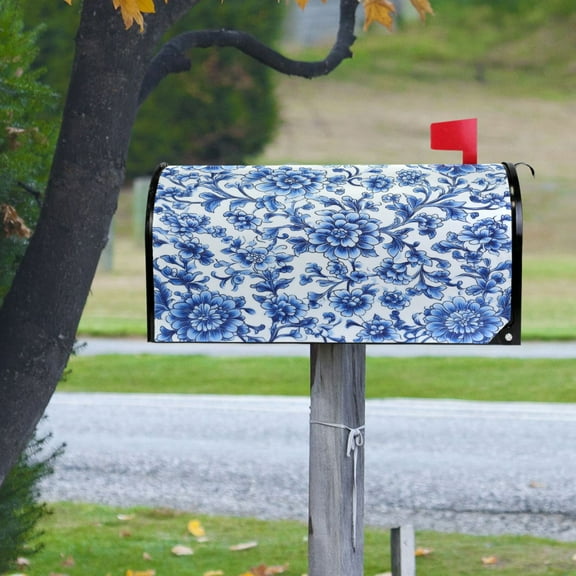 Blue and White Porcelain Magnetic PVC Mailbox Cover, 20.7" x 18" Standard, Waterproof UV Resistant
