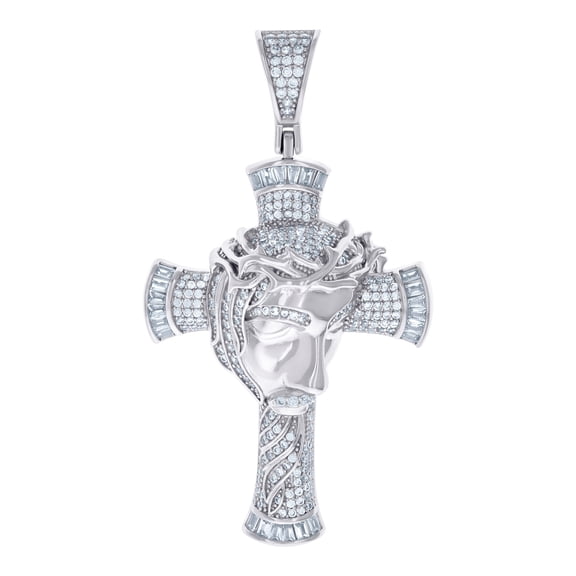 925 Sterling Silver Mens Round Baguette Cubic Zirconia Jesus Face Cross Religious Charm Pendant 59.7x32.9mm Wide Necklac