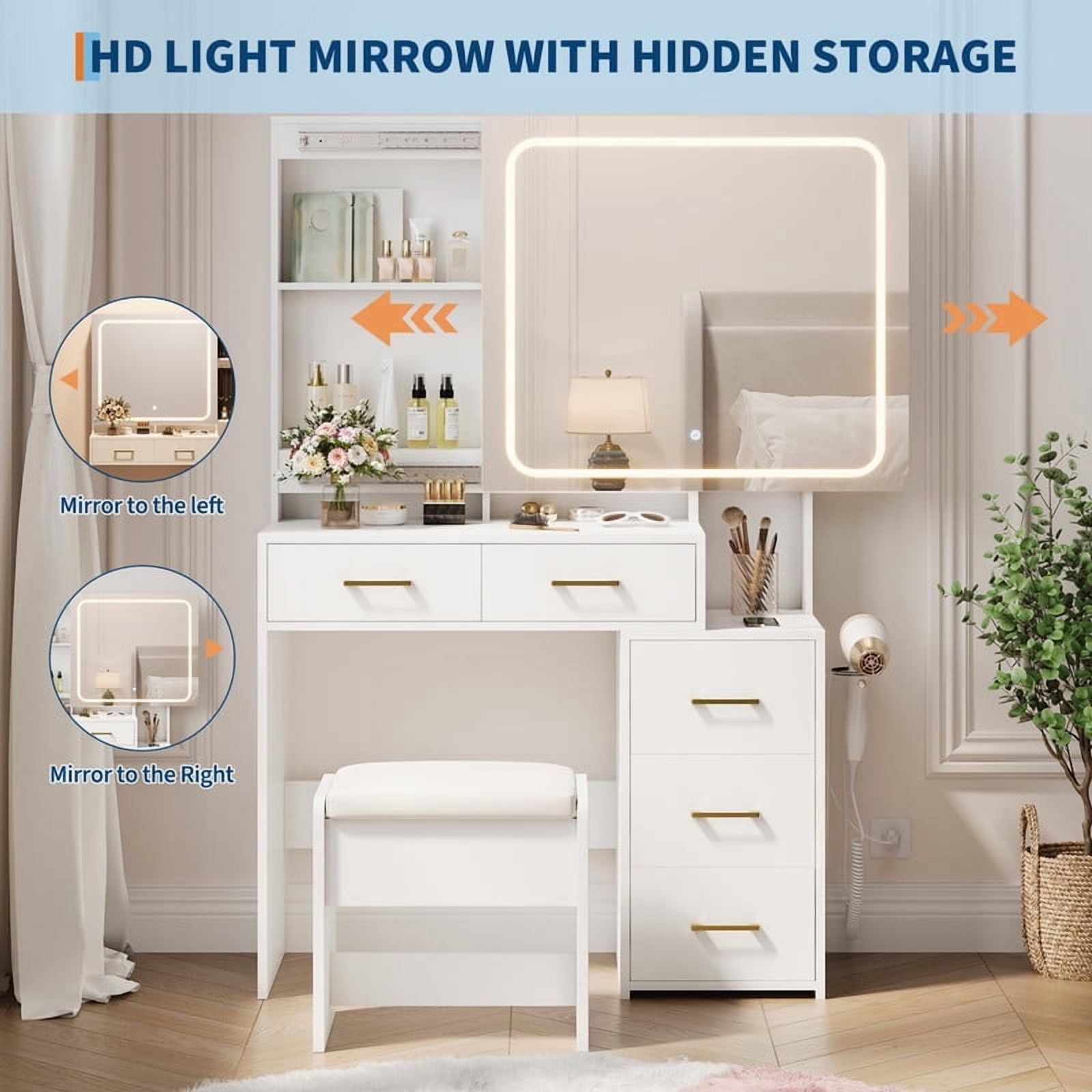 TROPOW Makeup Vanity Set with Mirror and Lights, Vanity Desk with 5 Drawers, Stool & Power Outlet, 3-Color Lighting Modes with Adjustable Brightness for Bedroom Dressing Table,White