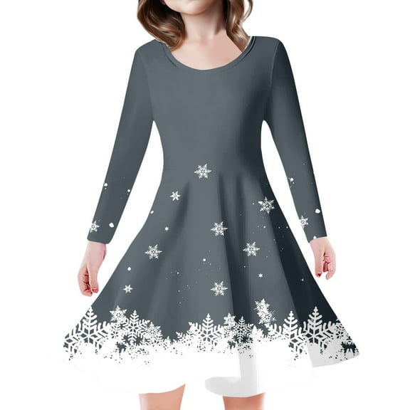 Little Girl Christmas Dress Christmas Print Long Sleeve Santa Dress Christmas Clothes for Girls Party Dress Up 8-9 Years