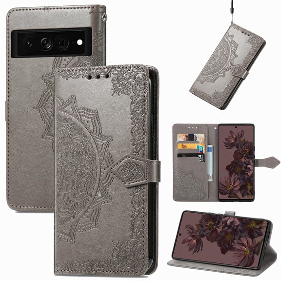 SaniMore for Google Pixel 7 Pro 6.7" 2022 Wallet Case with Embossed Mandala PU Leather Flip Protection Wrist Strap Credit Card Holder Pocket Kickstand Shockproof Case For Google Pixel 7 Pro, Gray