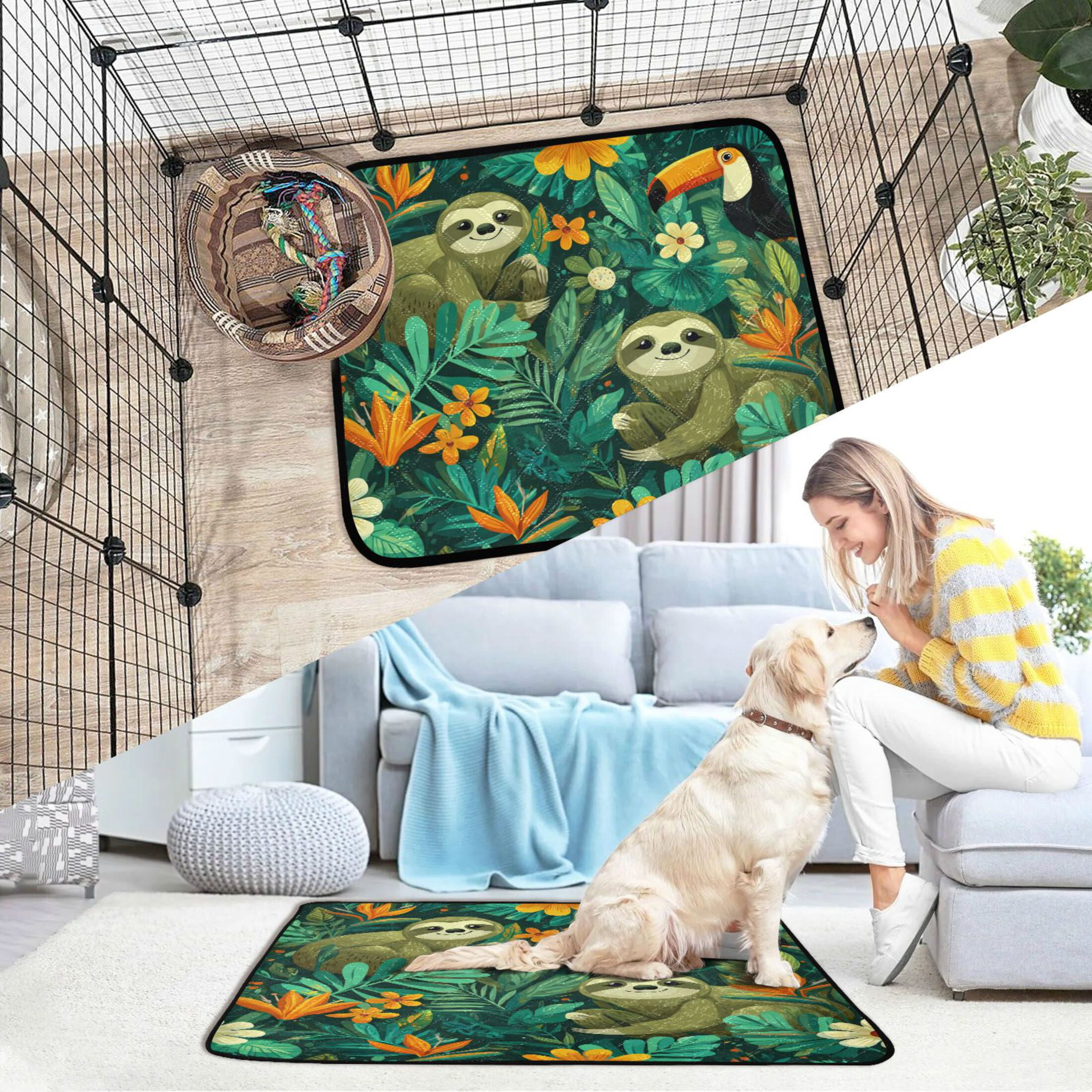 Qxltty Playful Sloths Cat litter Pads Pet Set of 2 Diaper Mats Center Anti-leakage Layer Absorbent Soft and Comfortable