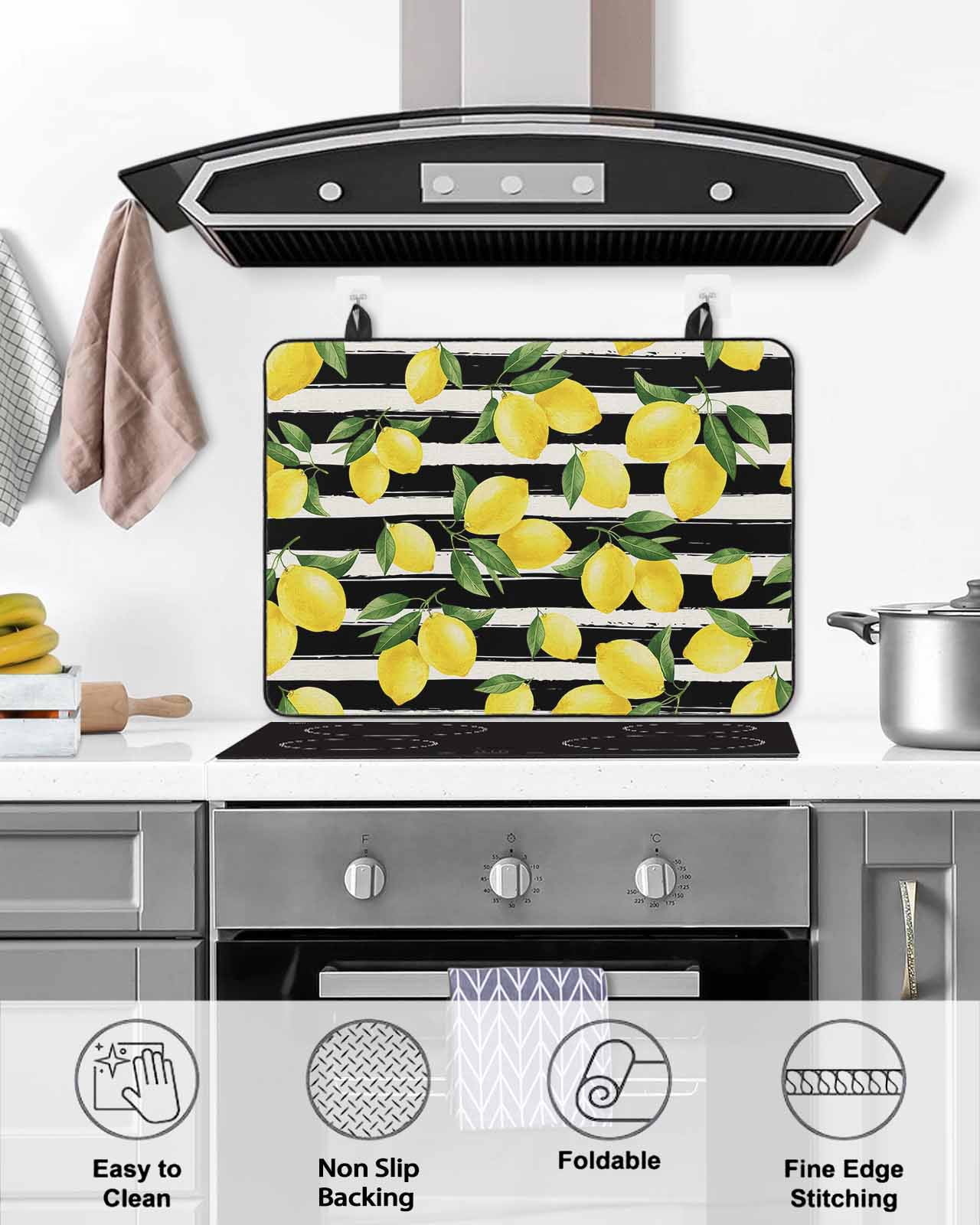 Large Induction Cooktop Protector Mat Yellow Lemons Stove Top Covers for Electric Stove, Summer Citrus Fruits Leaves Black Stripes Decorative Stove Burner Cover Mats, Glass Top Stove Cover