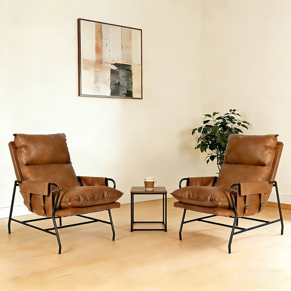 Pmango Faux Leather Accent Chair Set of 2 for Living Room, 24" High Backrest Upholstered Armchair, Soft Thickened Cushion Comfy Leisure Chair, Mid Century Modern Single Sofa, Light Brown