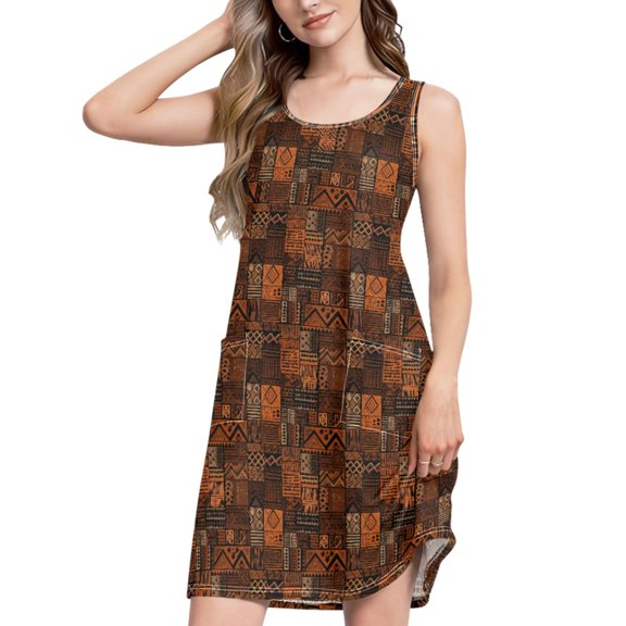 FORMRS Summer Dress for Women Loose U Neck Sleeveless Midi Beach Sundresses with Pockets, Abstract Tribal Pattern