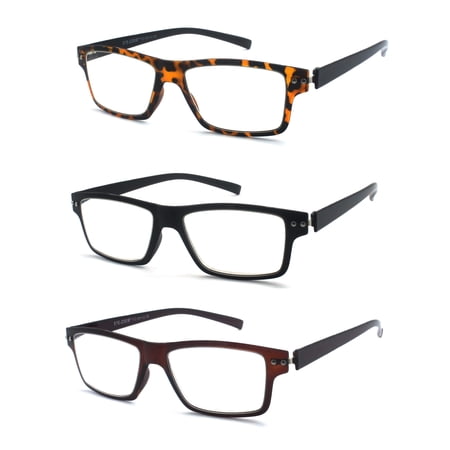 EYE ZOOM 3 Pack Extra Wide Super Light Plastic Frame Trendy Reading Glasses for Men and Women, Black, Brown and Tortoise +2.00