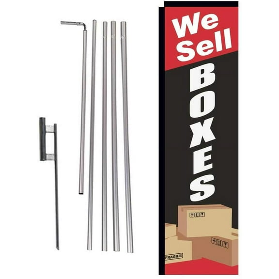 We Sell Boxes Storage and Shipping Advertising Feather Banner Swooper Flag Sign with Flag Pole Kit and Ground Stake