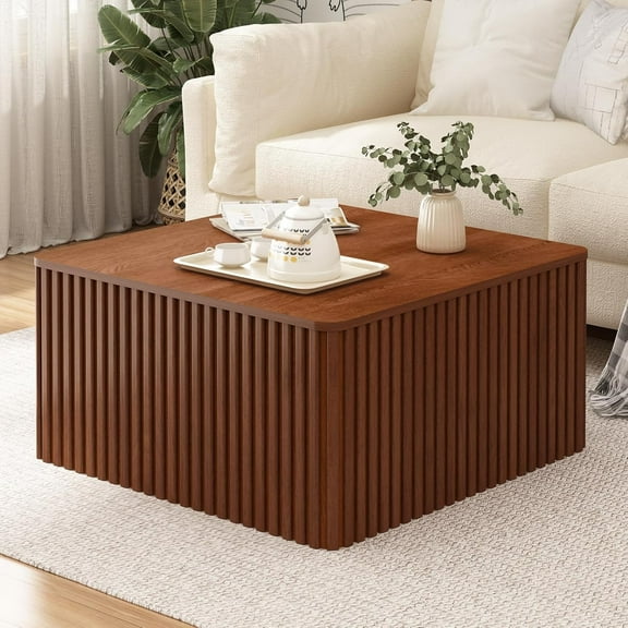 Fluted Square Coffee Table with Storage Large Wood Center Table with Solid Wood Veneer Top Mid Century Modern Low Coffee Table for Living Room, Rustic Brown
