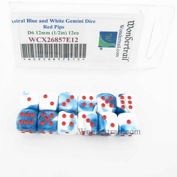 Astral Blue and White Gemini Dice with Red Pips 12mm (1/2in) D6 Set of 12 Wondertrail