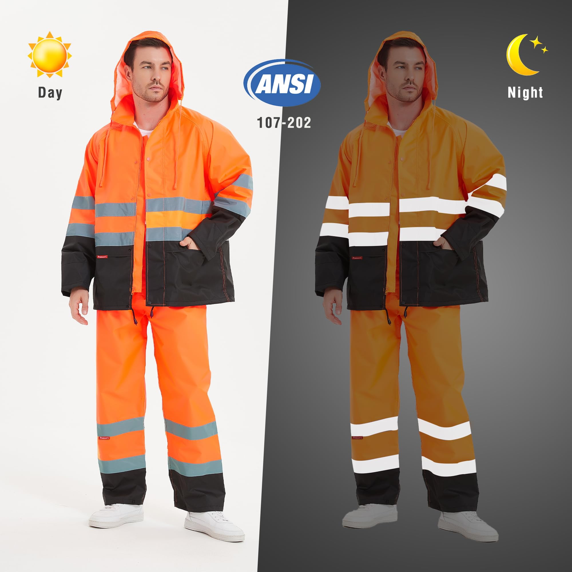 ProtectX Hi Vis Safety Rain Jacket and Pants, Waterproof Reflective Rain Gear for Farming Fishing Work, Men Women Rain Suit with Inner Mesh Lining and Pockets, Orange