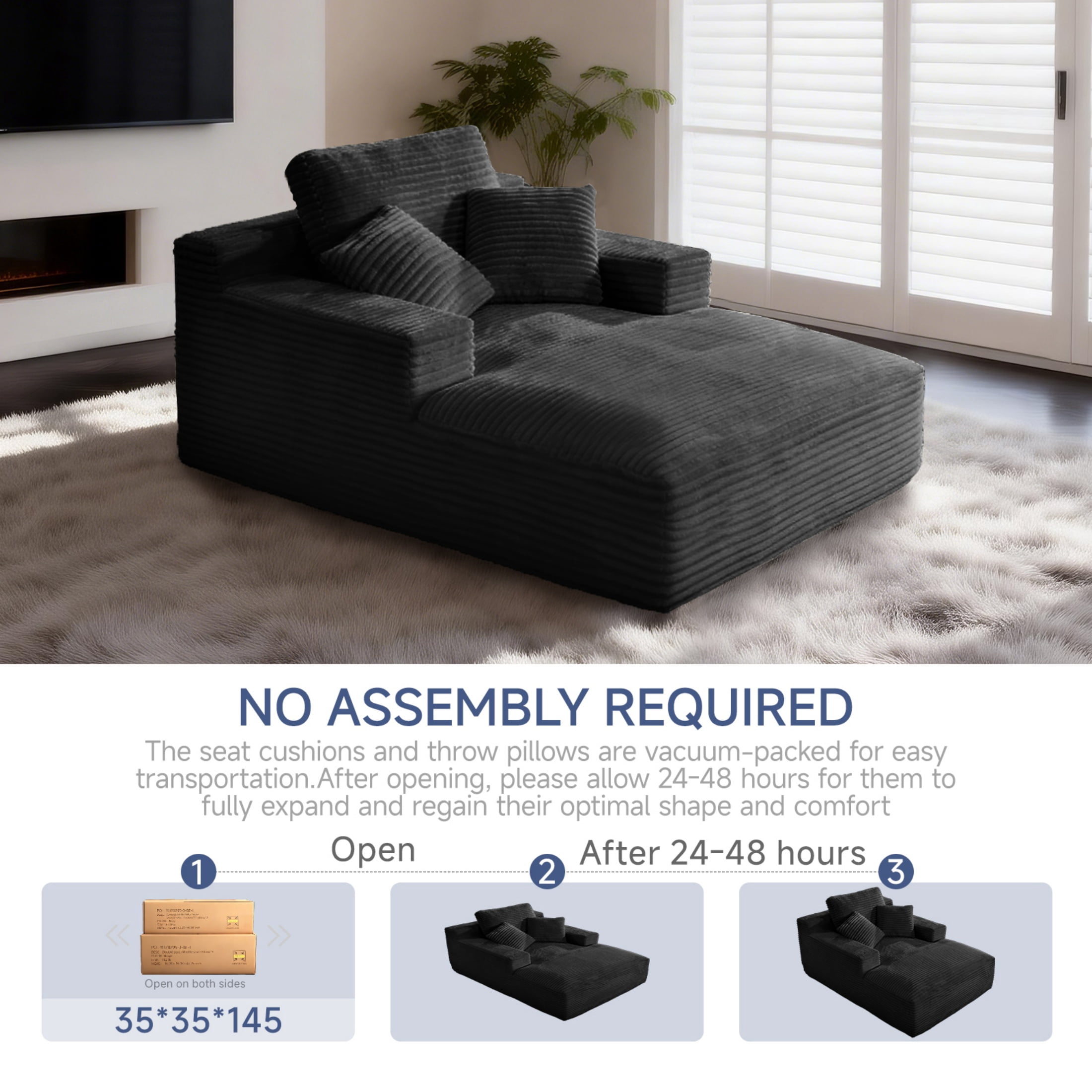 AISWORD 68.5'' Oversized Chaise Lounge Chair Indoor Corduroy Cloud Floor Sofa Bed No Assembly Required Deep Seat Boneless Couch with Pillows, Black
