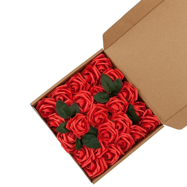 Artificial Flowers Roses, 50pcs Blush Real Looking Red Fake Roses with Stem, Realistic Fake