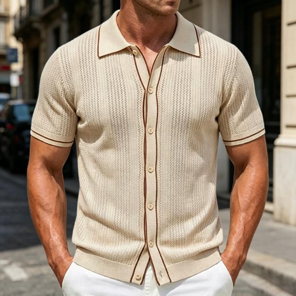 TrendOFT Mens Polo Shirts Summer Short Sleeve Business Casual Open Front Knit Shirt Comfortable Daily Wear Business Top Beige L
