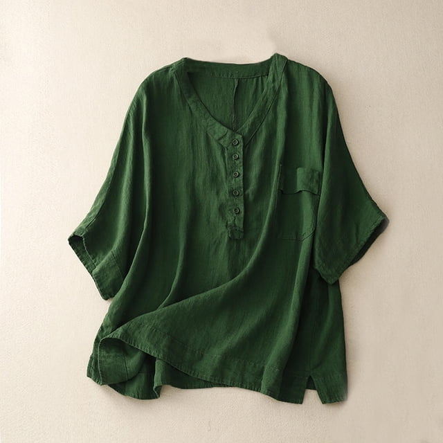 Fiudx Camisas para Mujer Casual Mujer Cuello Redondo Verano Color Sólido Retro Regular Mujer Manga Corta