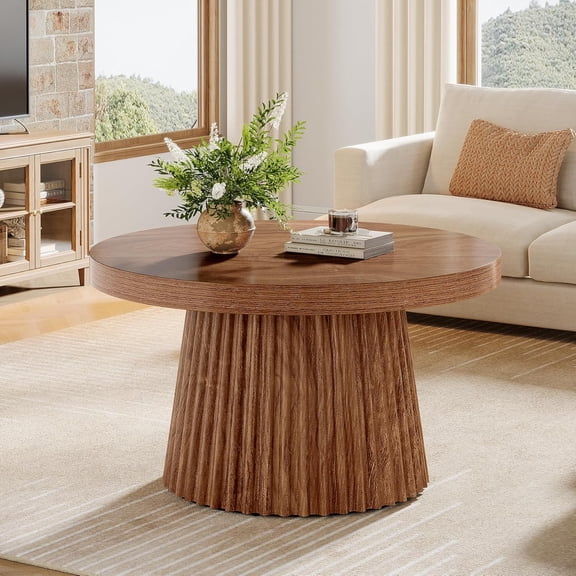 Finmind 31.5" Round Coffee Table with Fluted Base, Mid-Century Modern Farmhouse Accent Table for Living Room, Small Spaces, Apartment, Walnut