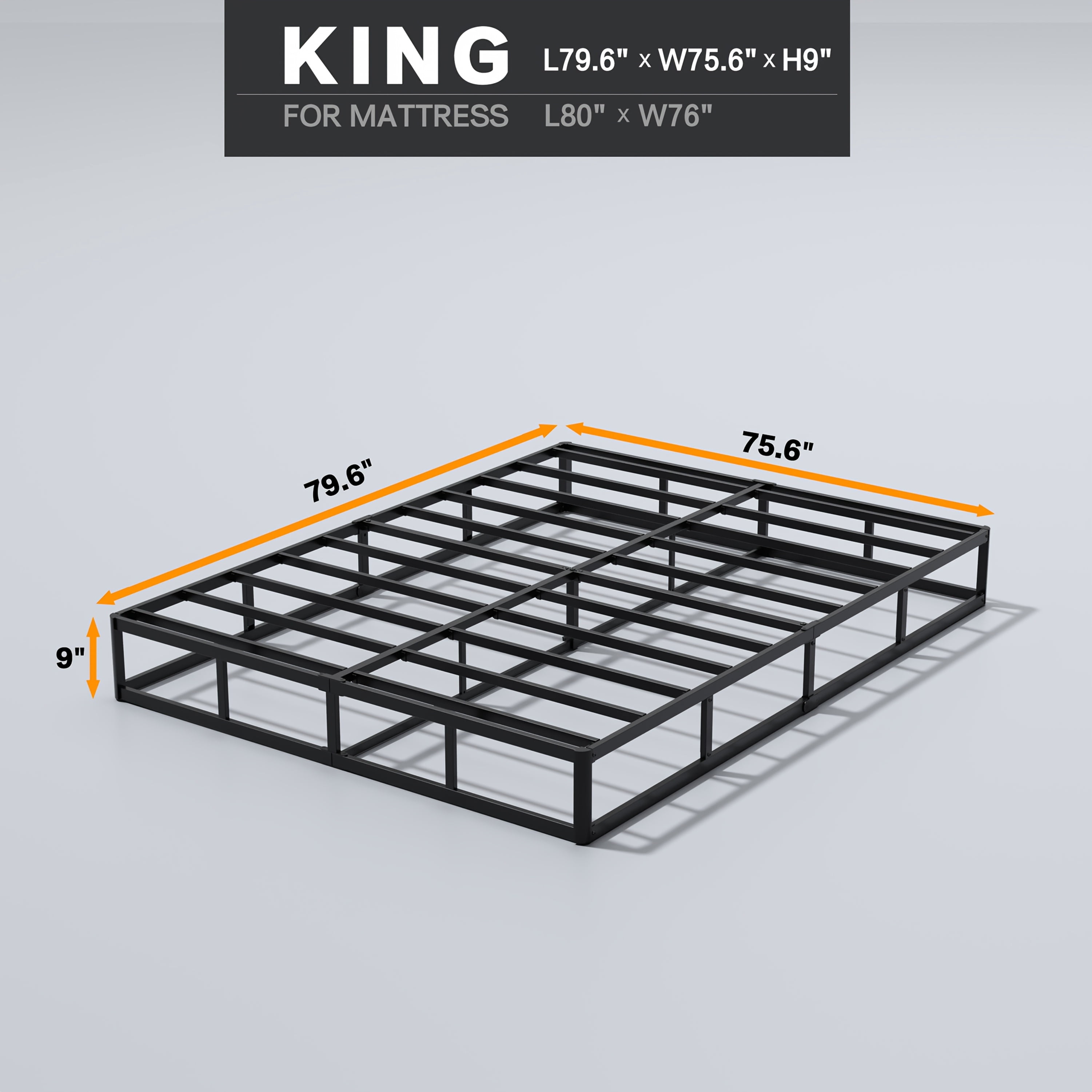 King Size 9-inch Box Spring, Thickened Soft Cloth Cover, Black Heavy-Duty Metal Structure, Easy To Assemble