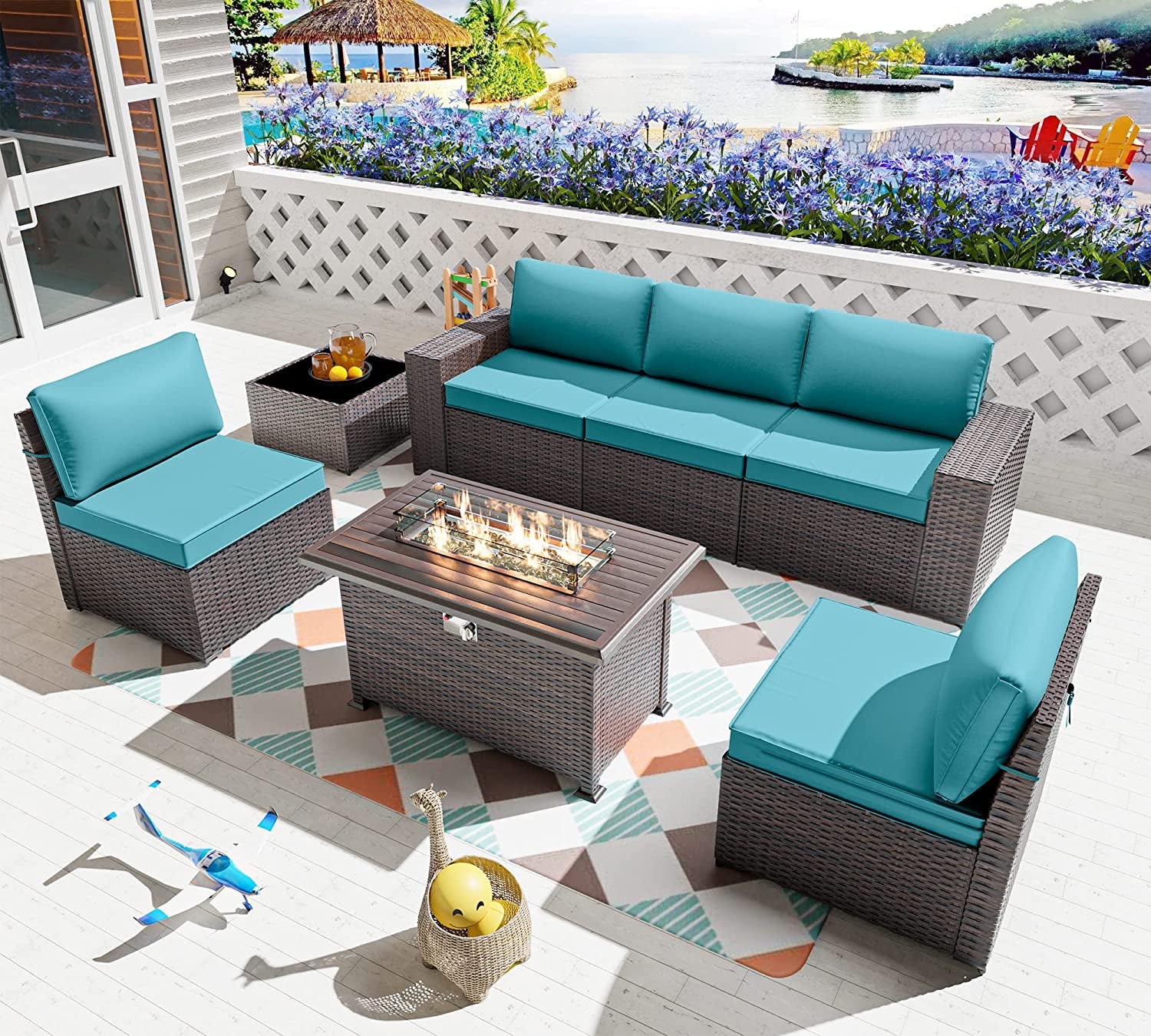 Gotland 7 Pieces Outdoor Patio Furniture Set with 43" Fire Pit Table