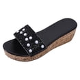 thumbnail image 6 of Rokment Women's Sparkly Sequin Pearl Platform Wedge Dressy Slip On Sandals Bridal Bling Elegant Platform Chunky Heeled Dress Slides for Bride Wedding Summer Black Size 6, 6 of 7