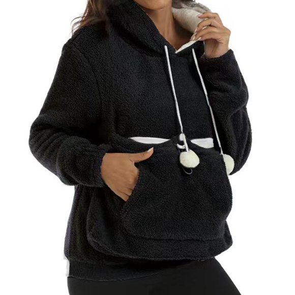 Women'S Autumn & Winter Thick Hoodie With Large Pocket Solid Color Pet Hoodie Sweatshirt" Women'S Hoodies & Sweatshirts Black Xxl