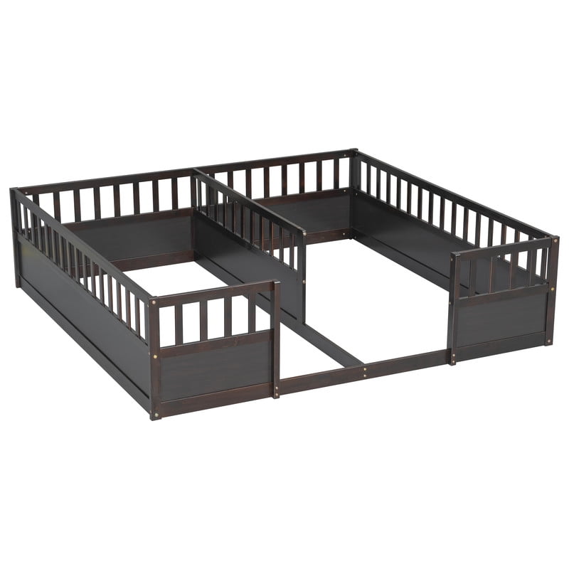 Twin Size Horizontal Floor Bunk Bed Frame with Semi-Enclosed Safety Guardrails, Wood Low Profile Kids Bed with Open Entrance