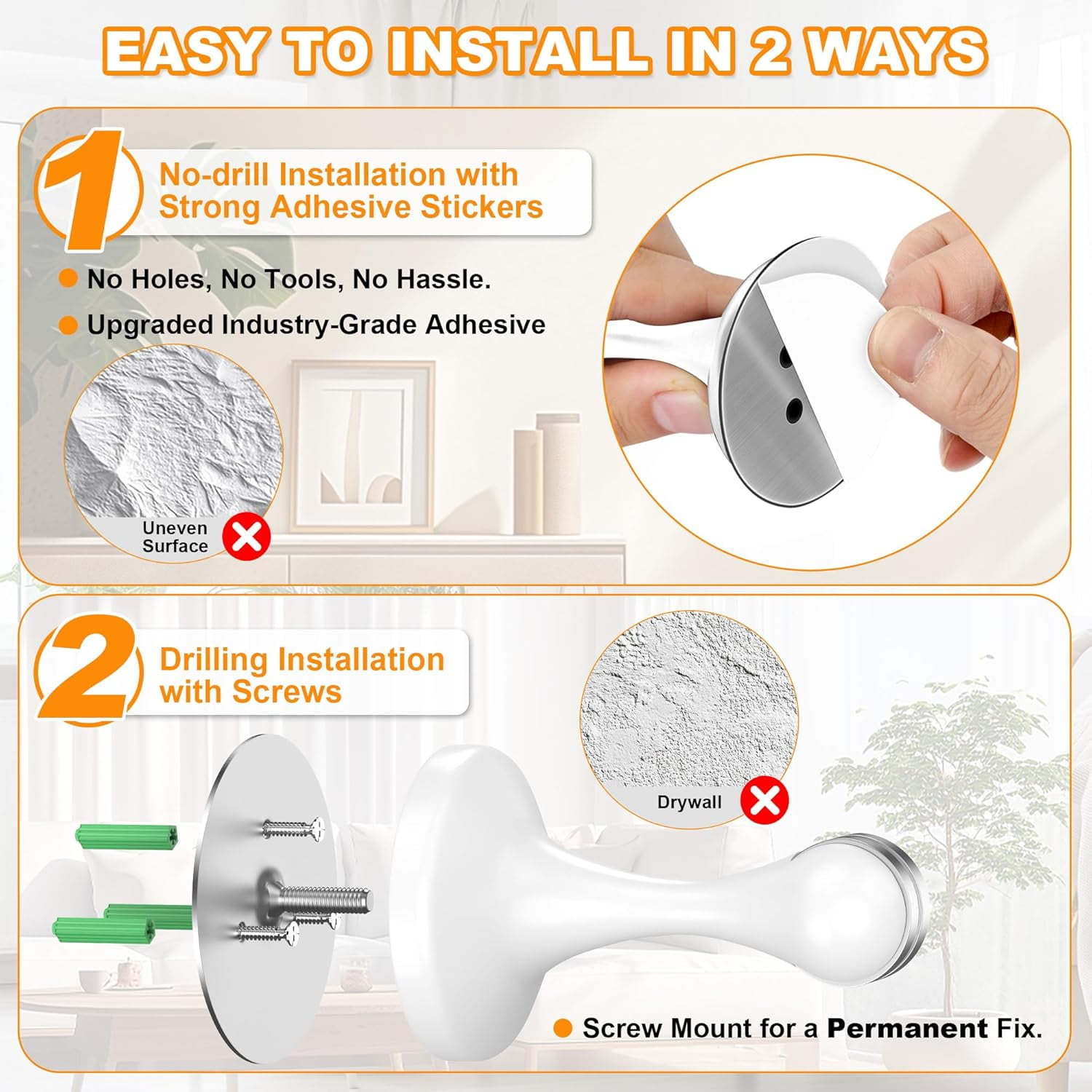 JJEAN-Magnetic Door Stoppers 2 Pack, Stainless Steel Door Stops for Wall and Floor Mounting, Door Holder Keep Door Open, No Drilling Door Stop with Adhesive Tapes, White