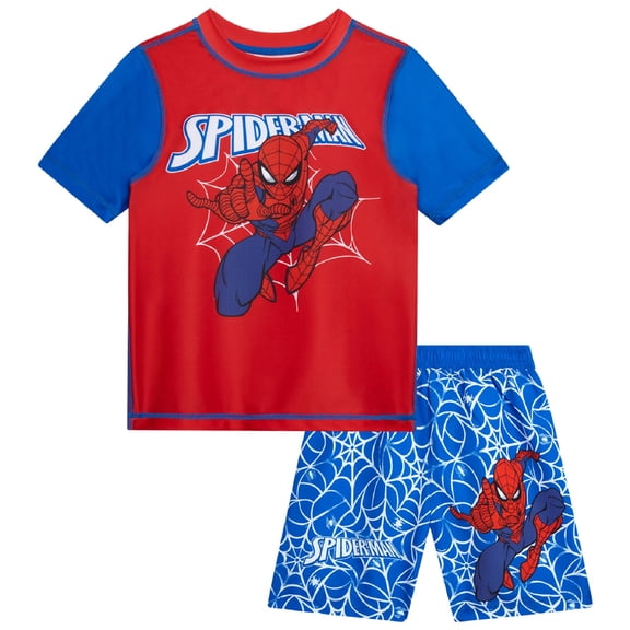 Marvel Spiderman Boys Rash Guard Set - 2 Piece UPF50 Quick Dry Swim Shirt & Swim Trunks for Boys