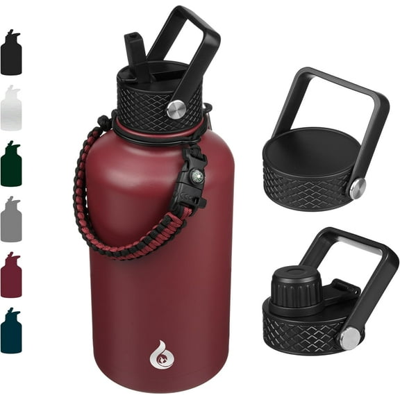EnjinZZ Half Gallon Insulated Water Bottles with Straw Lid, 64oz Large Water Jug, Stainless Steel Bottles with 3 Lids and Paracord Handle, Thermos for Hot & Cold Liquid, Brick Red