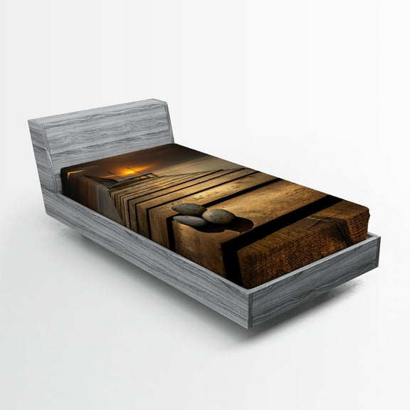 Ambesonne Coastal Fitted Sheet, Black Sea at Dusk Pier, Twin Size, Brown Yellow Grey